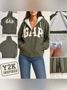 GAP Y2K-Inspired Sherpa Lined Logo Full-Zip Hoodie Green Medium